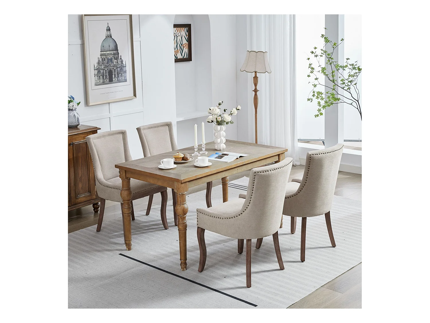 Lot de 2 chaises de salle à manger - Chaises de salle à manger avec dossier rembourré et clous bronze - beige