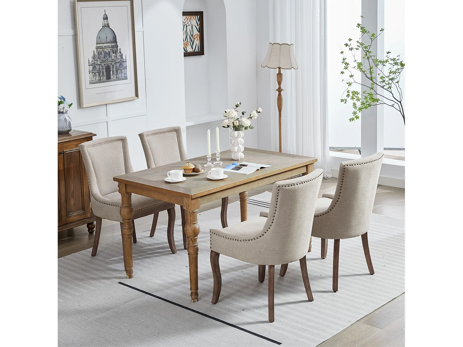 Set van 2 eetkamerstoelen - Eetkamerstoelen met gestoffeerde rugleuning en bronzen studs - beige