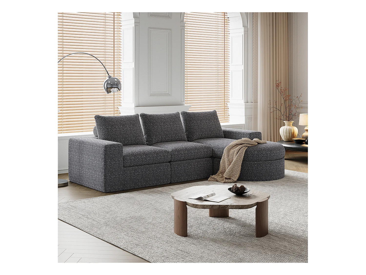 Canapé d'angle gris - Canapé 3 places avec 3 coussins et 2 appuis-têtes - chenille