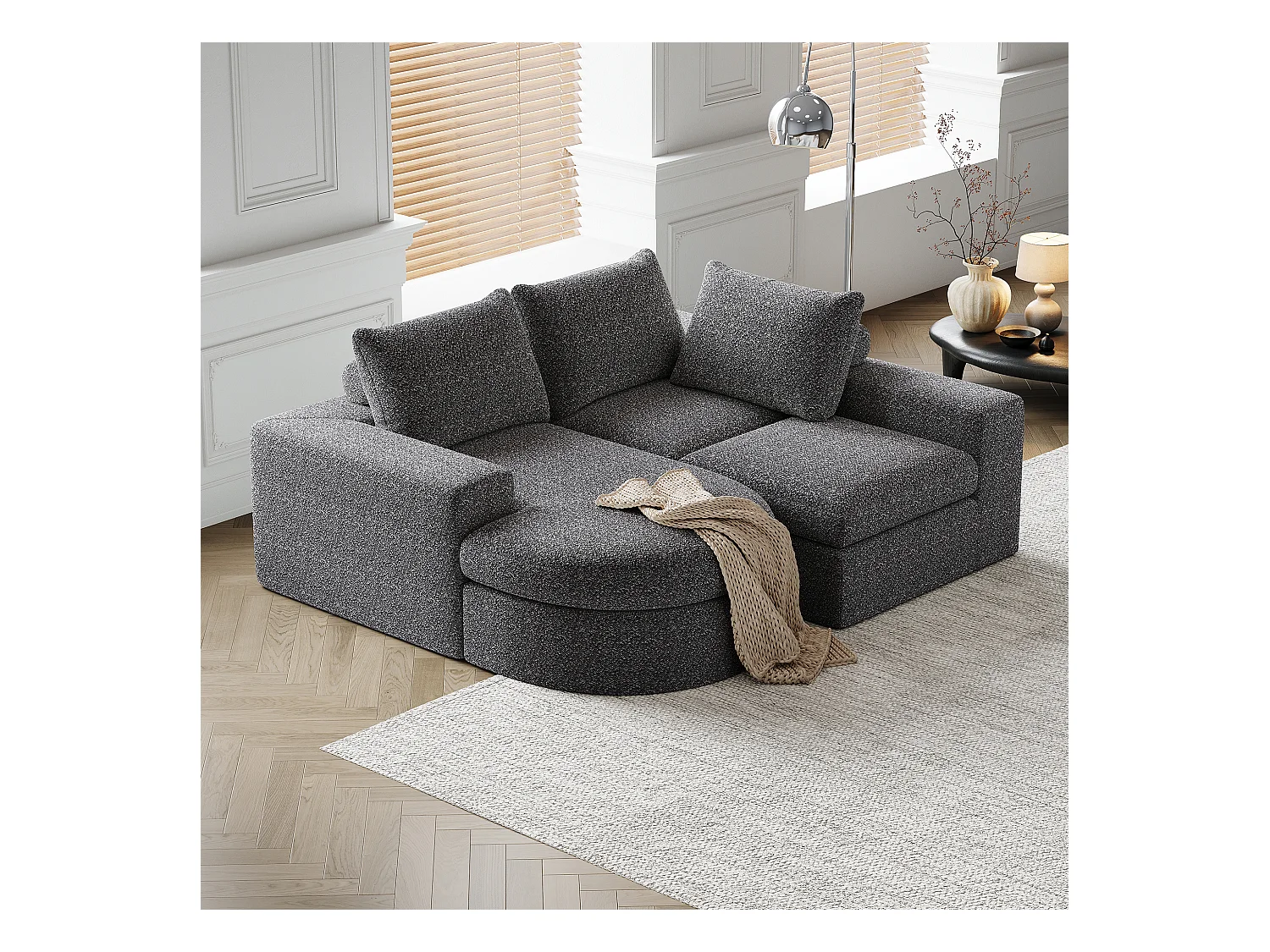 Canapé d'angle gris - Canapé 3 places avec 3 coussins et 2 appuis-têtes - chenille