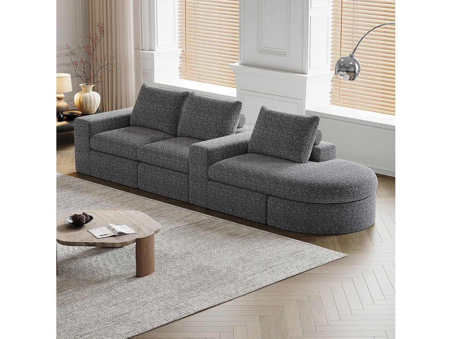 Canapé d'angle gris - Canapé 3 places avec 3 coussins et 2 appuis-têtes - chenille