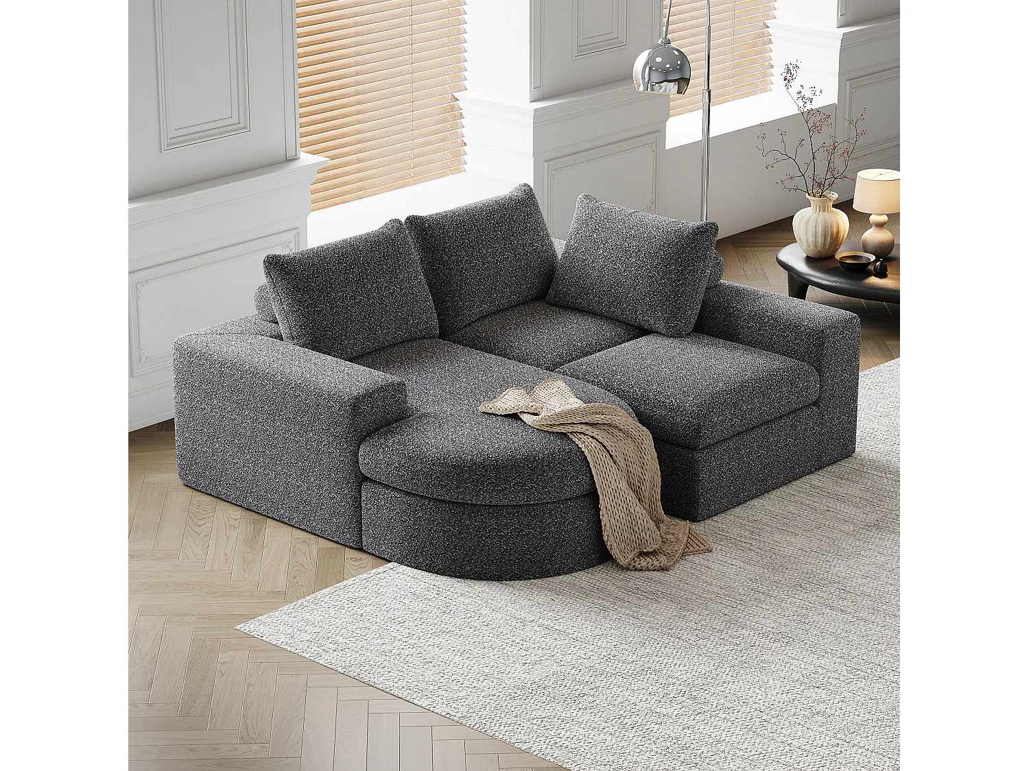 Canapé d'angle gris - Canapé 3 places avec 3 coussins et 2 appuis-têtes - chenille