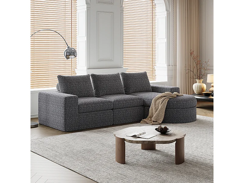 Canapé d'angle gris - Canapé 3 places avec 3 coussins et 2 appuis-têtes - chenille