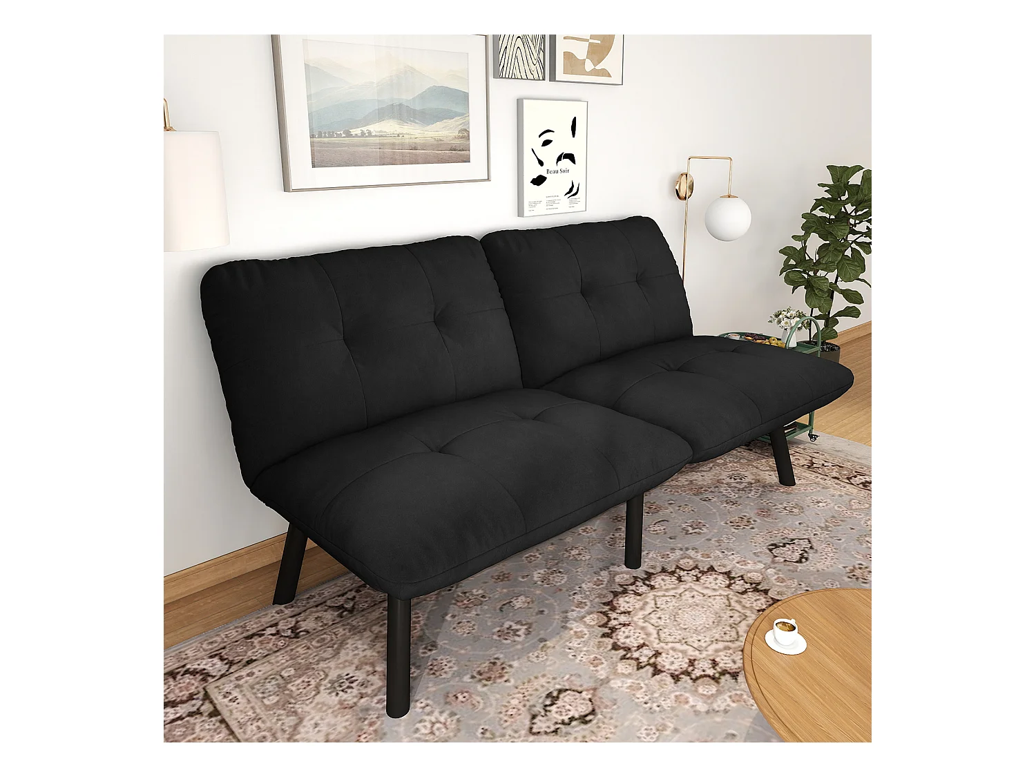 2-Sitzer-Sofa – Gerades Sofa mit klappbarer Rückenlehne und Metallbeinen – Schwarzer Samt