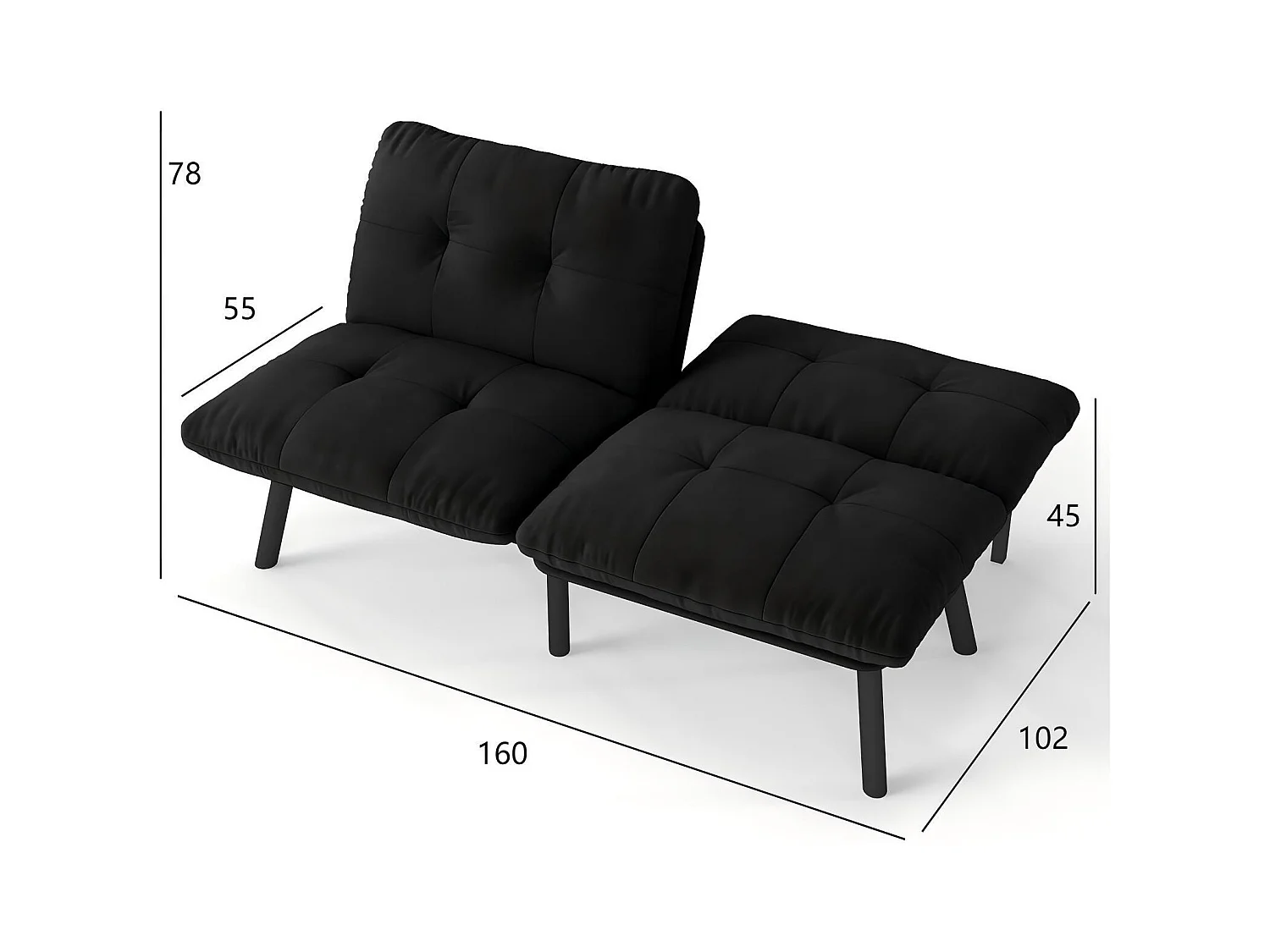Canapé 2 places - Canapé droit avec dossier rabattable et pieds en métal - velours noir
