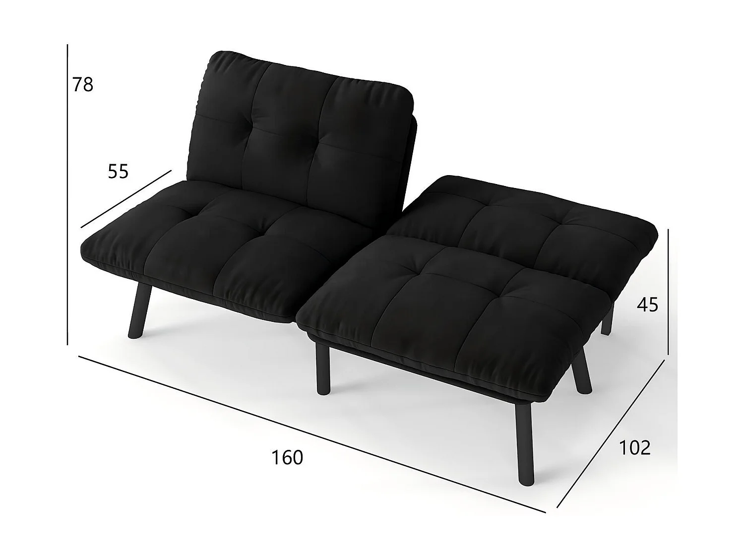 Canapé 2 places - Canapé droit avec dossier rabattable et pieds en métal - velours noir