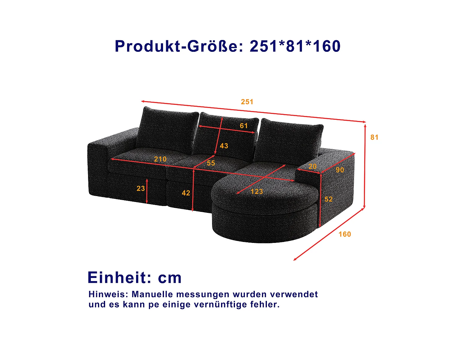 Schwarzes Ecksofa - 3-Sitzer-Sofa mit 3 Kissen und 2 Kopfstützen - Chenille