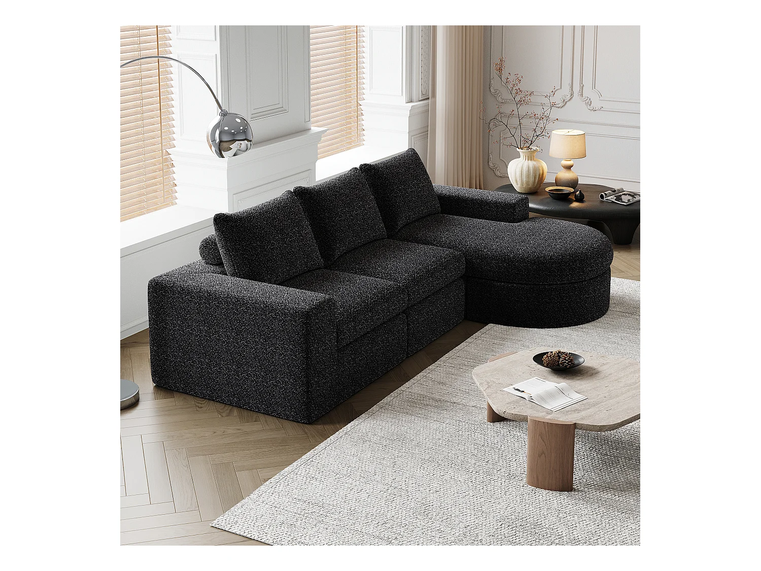 Canapé d'angle noir - Canapé 3 places avec 3 coussins et 2 appuis-têtes - chenille