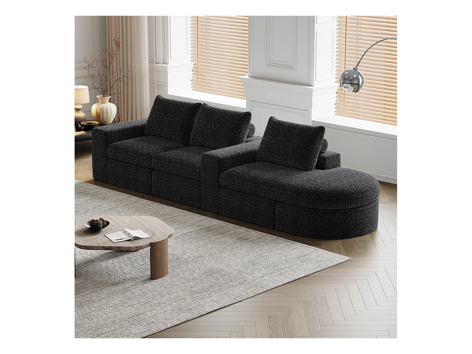 Canapé d'angle noir - Canapé 3 places avec 3 coussins et 2 appuis-têtes - chenille