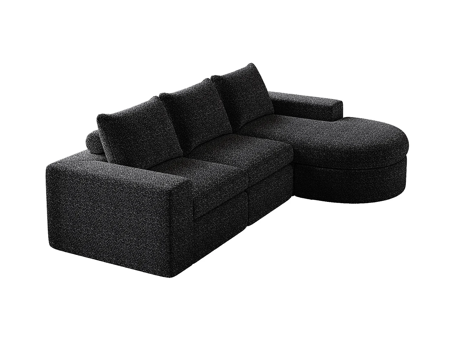 Canapé d'angle noir - Canapé 3 places avec 3 coussins et 2 appuis-têtes - chenille