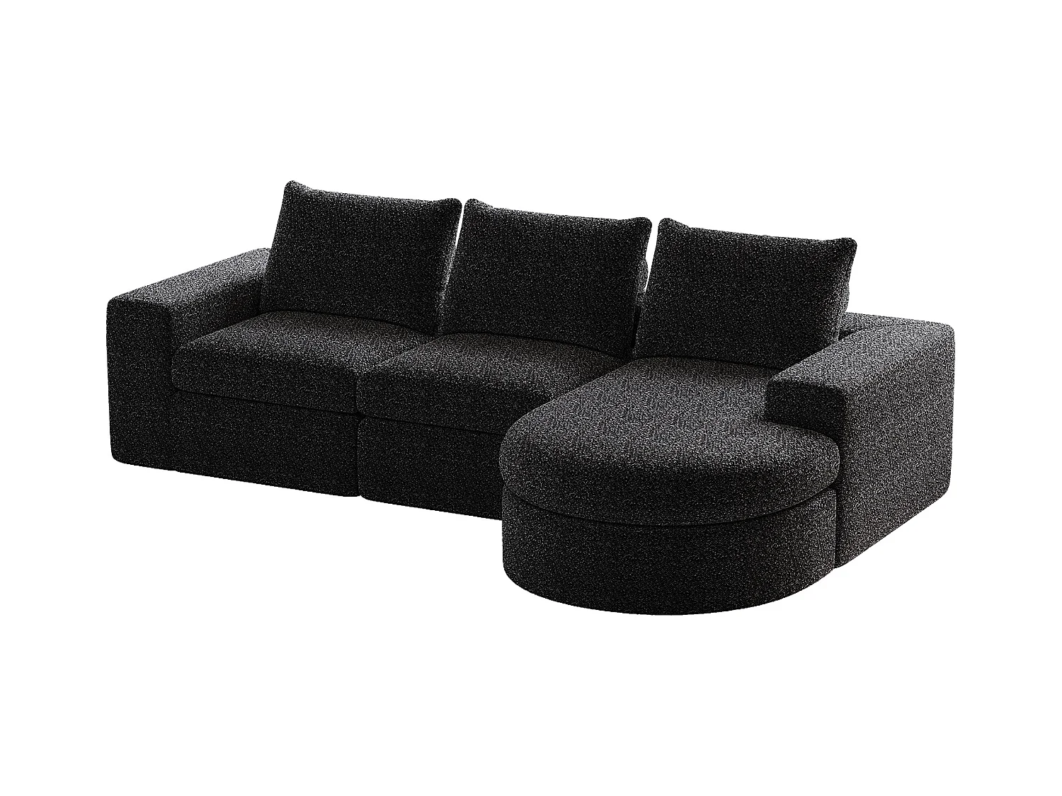 Canapé d'angle noir - Canapé 3 places avec 3 coussins et 2 appuis-têtes - chenille