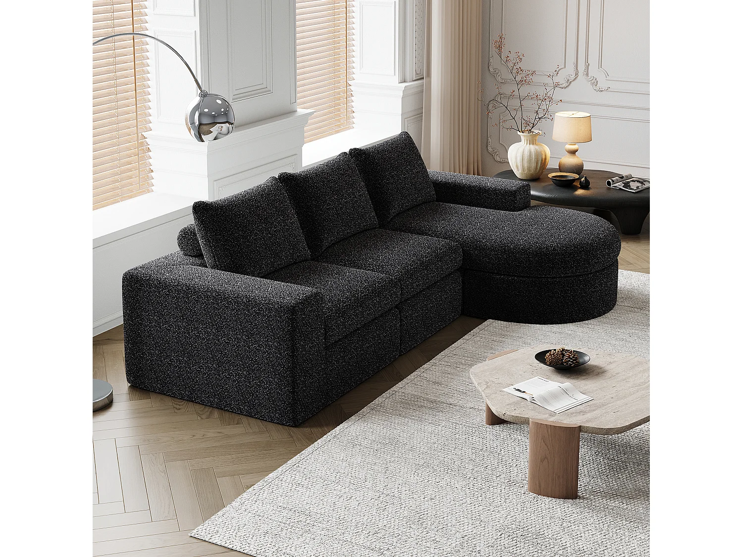 Canapé d'angle noir - Canapé 3 places avec 3 coussins et 2 appuis-têtes - chenille