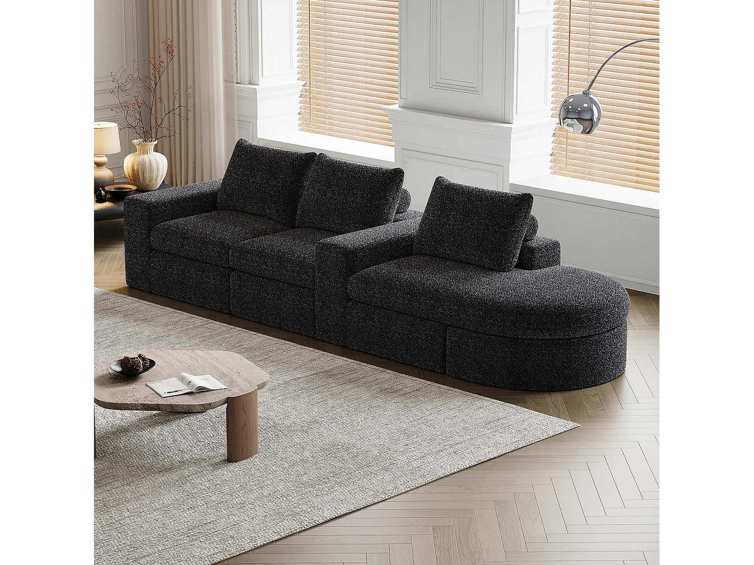 Canapé d'angle noir - Canapé 3 places avec 3 coussins et 2 appuis-têtes - chenille