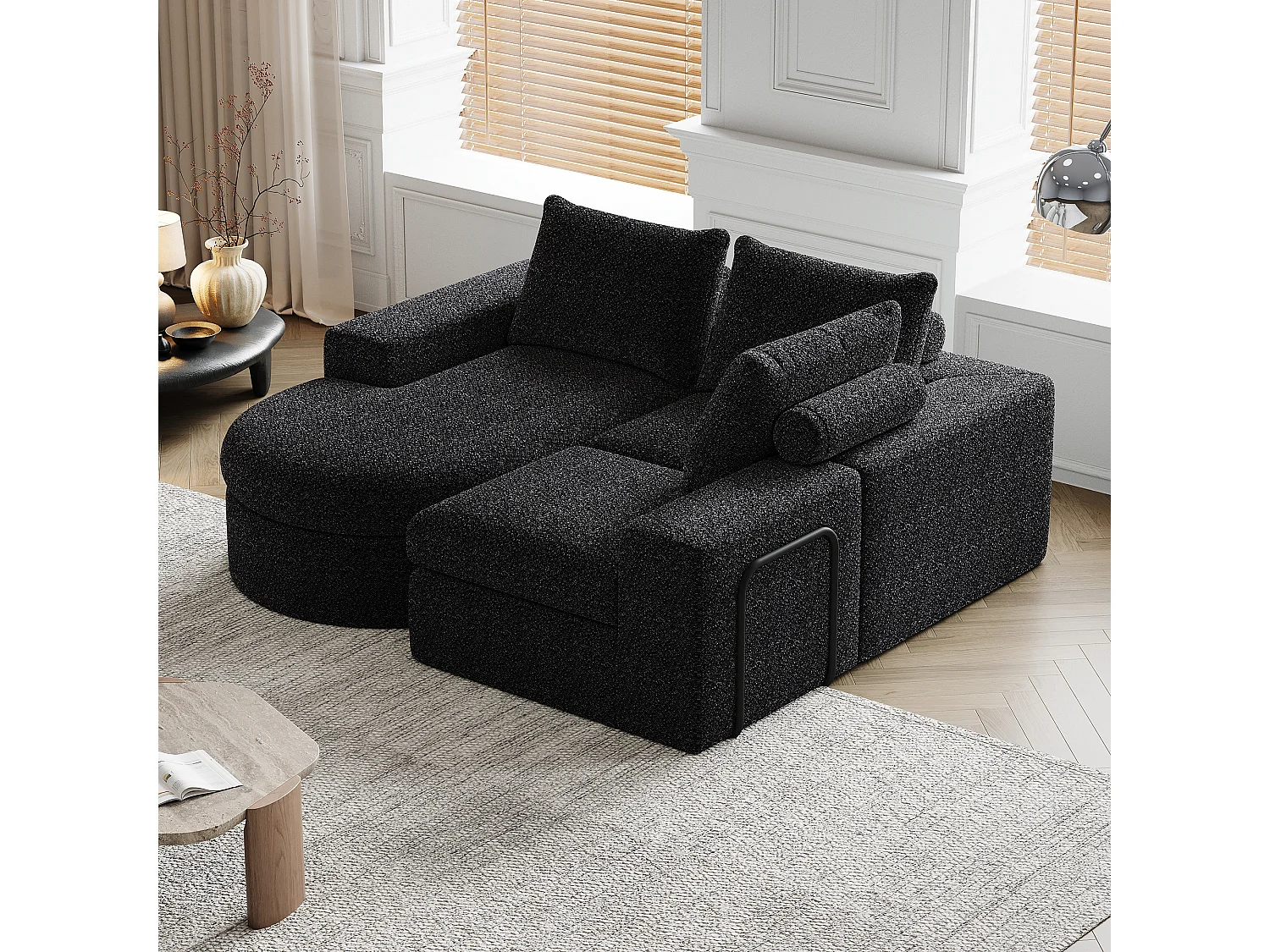 Canapé d'angle noir - Canapé 3 places avec 3 coussins et 2 appuis-têtes - chenille