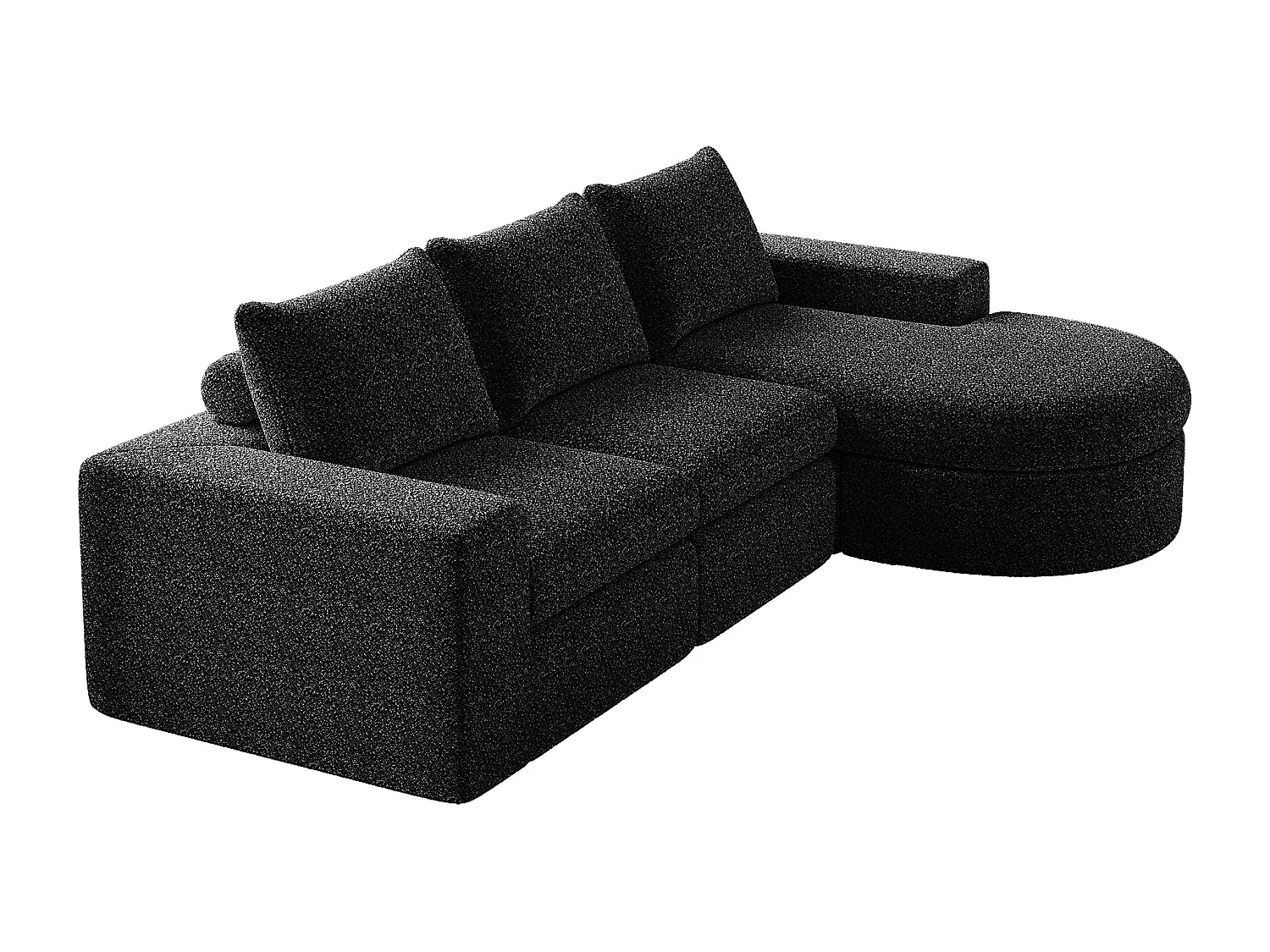 Canapé d'angle noir - Canapé 3 places avec 3 coussins et 2 appuis-têtes - chenille