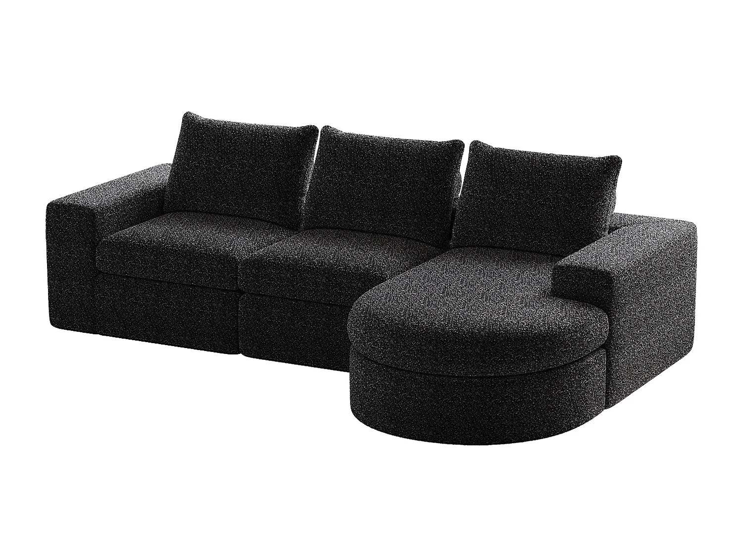 Canapé d'angle noir - Canapé 3 places avec 3 coussins et 2 appuis-têtes - chenille