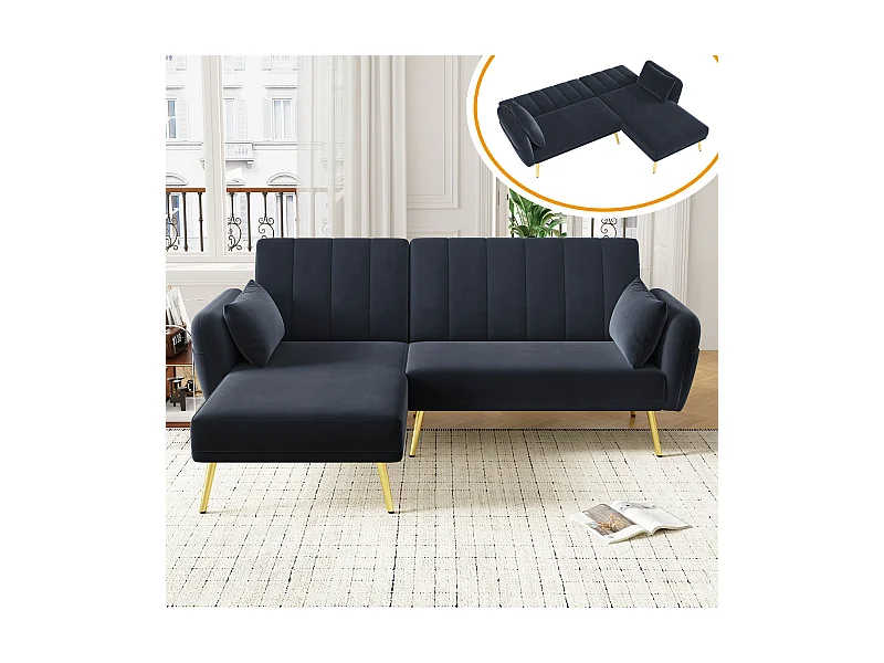 Schwarzes Ecksofa - 3-Sitzer-Sofa mit 3-fach verstellbarer Rückenlehne und Seitentaschen - Samt