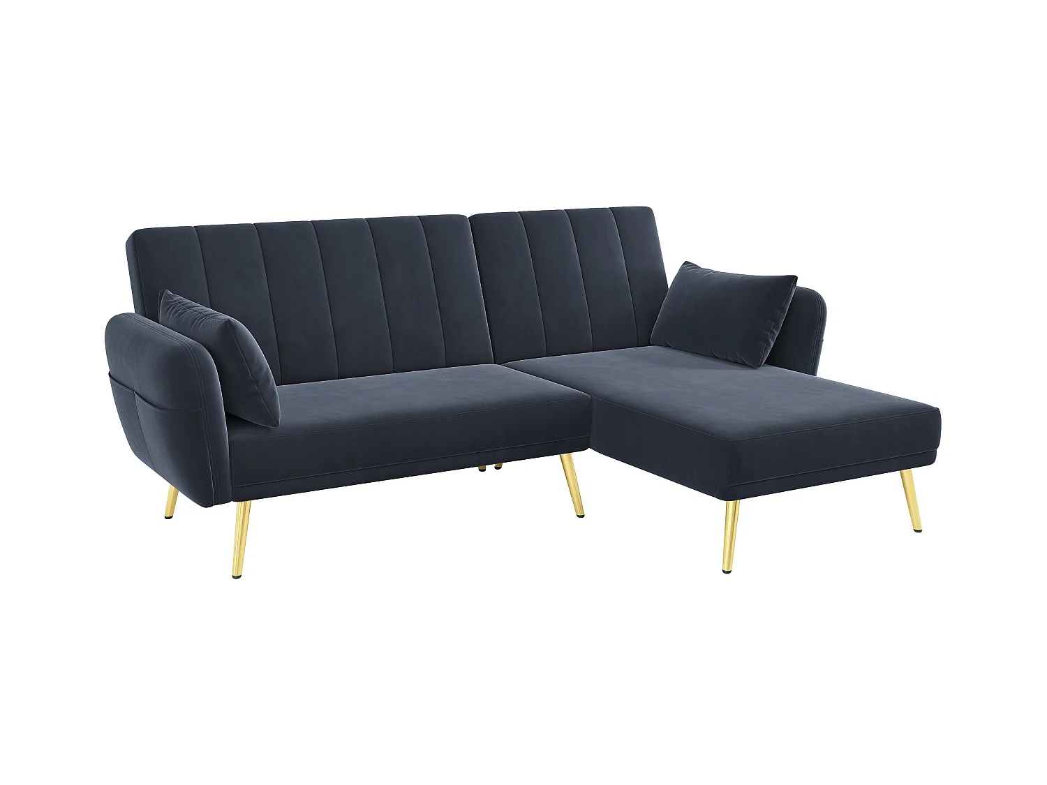 Schwarzes Ecksofa - 3-Sitzer-Sofa mit 3-fach verstellbarer Rückenlehne und Seitentaschen - Samt