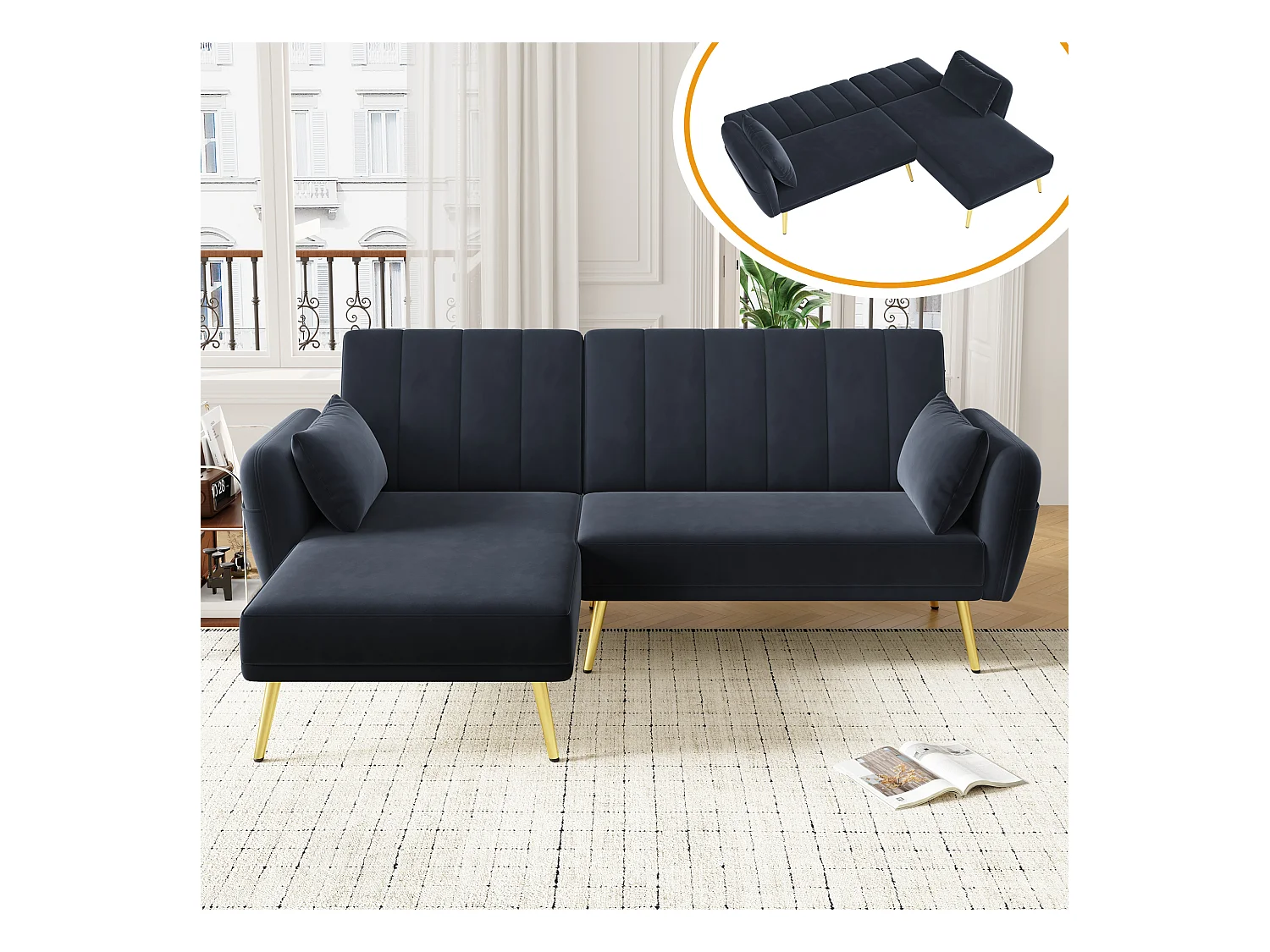 Canapé d'angle noir - Canapé 3 places avec dossier réglable sur 3 niveaux et poches latérales - velours