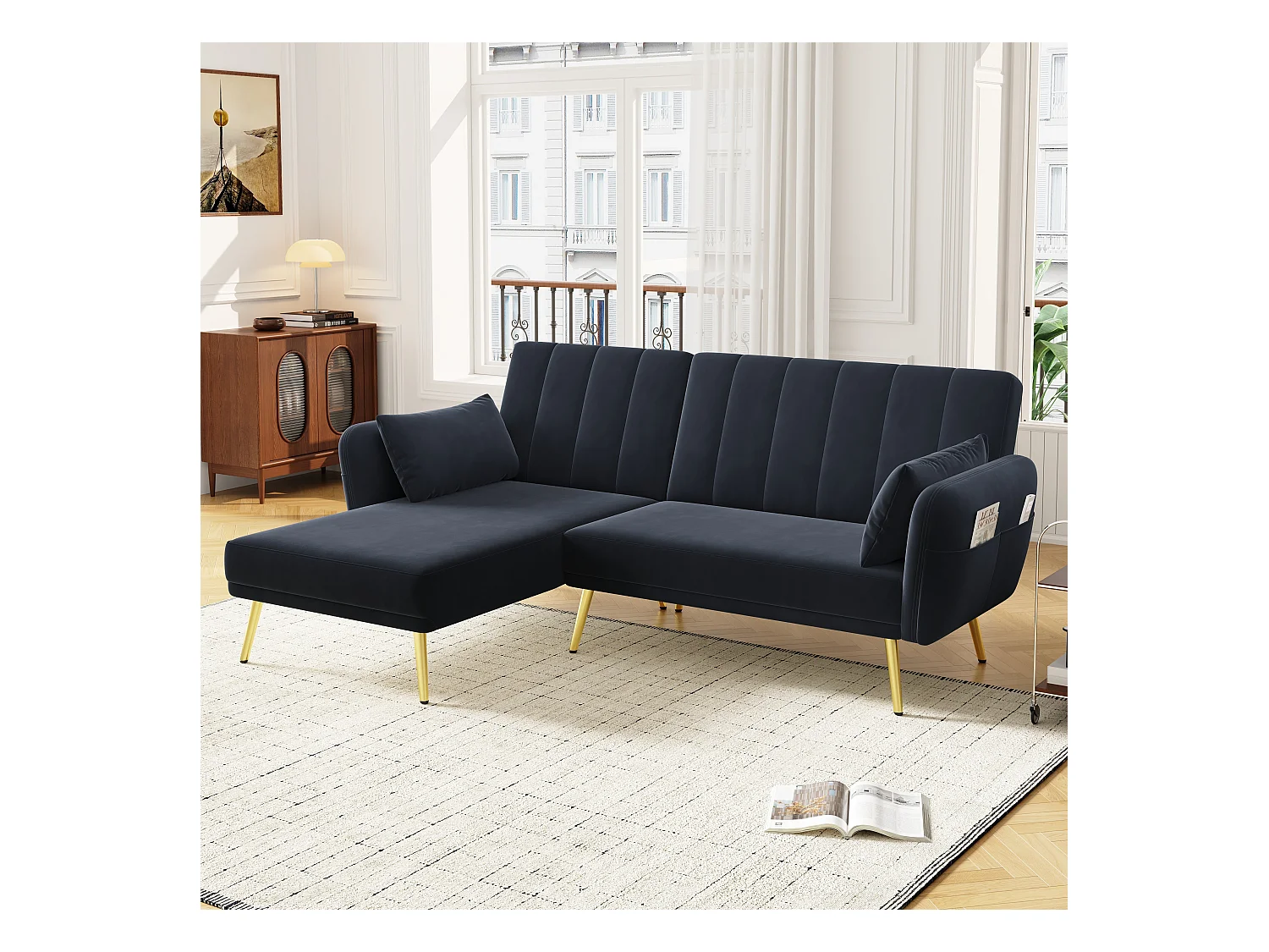 Canapé d'angle noir - Canapé 3 places avec dossier réglable sur 3 niveaux et poches latérales - velours