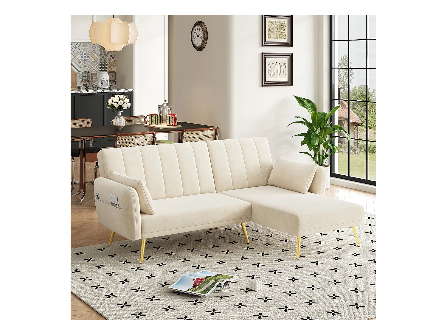 Beiges Ecksofa - 3-Sitzer-Sofa mit 3-fach verstellbarer Rückenlehne und Seitentaschen - Samt