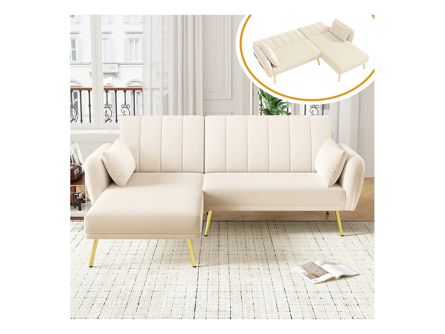 Canapé d'angle beige - Canapé 3 places avec dossier réglable sur 3 niveaux et poches latérales - velours