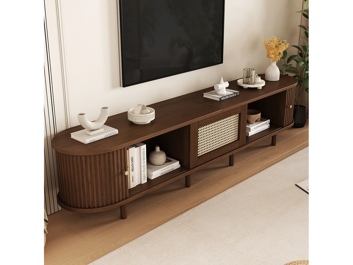 Ovaler TV-Schrank aus Walnussholz - Fernsehschrank mit 1 Schublade und 1 Schiebetür - verstellbare Füße - Rattanmöbel