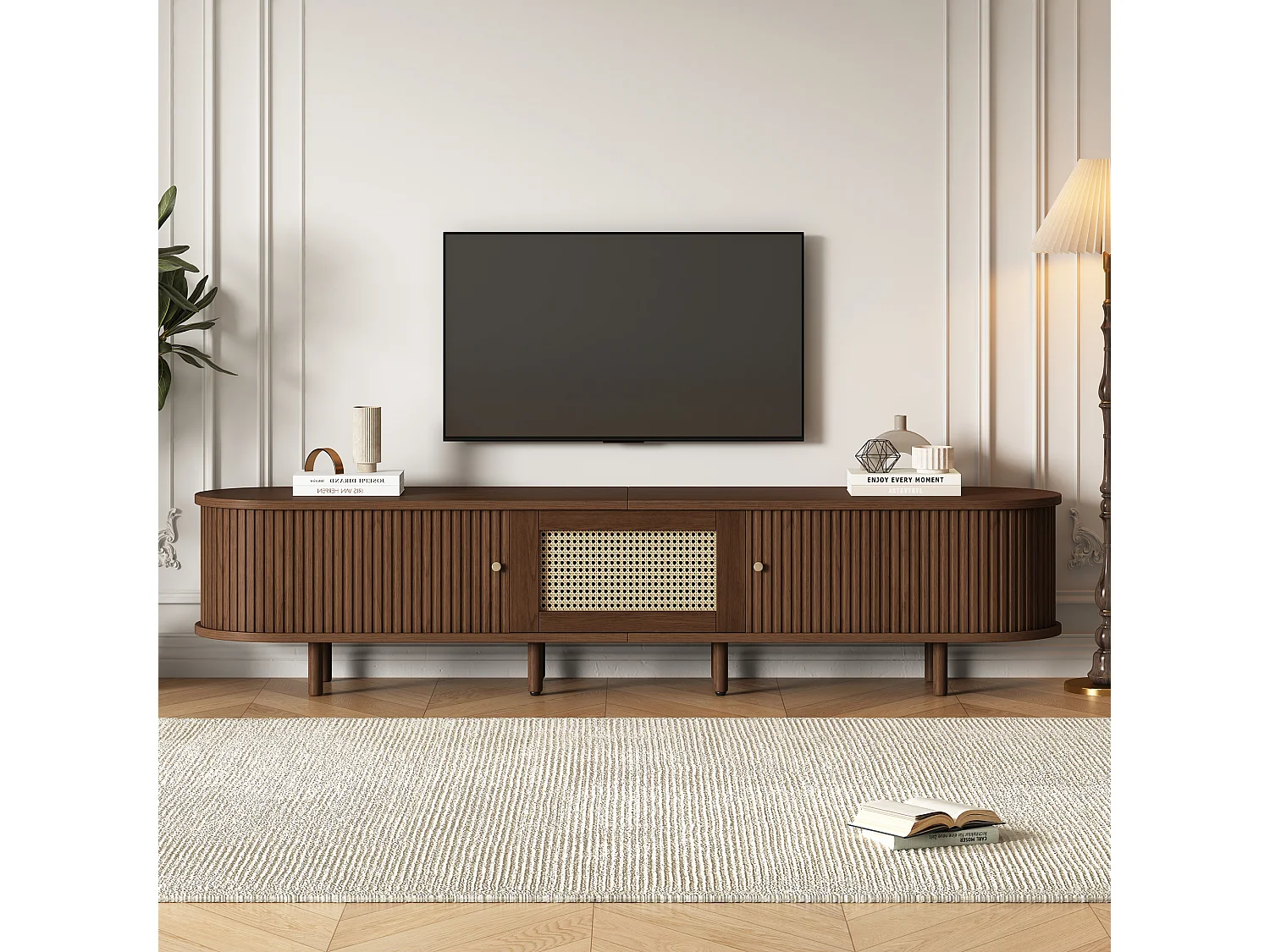 Ovaler TV-Schrank aus Walnussholz - Fernsehschrank mit 1 Schublade und 1 Schiebetür - verstellbare Füße - Rattanmöbel