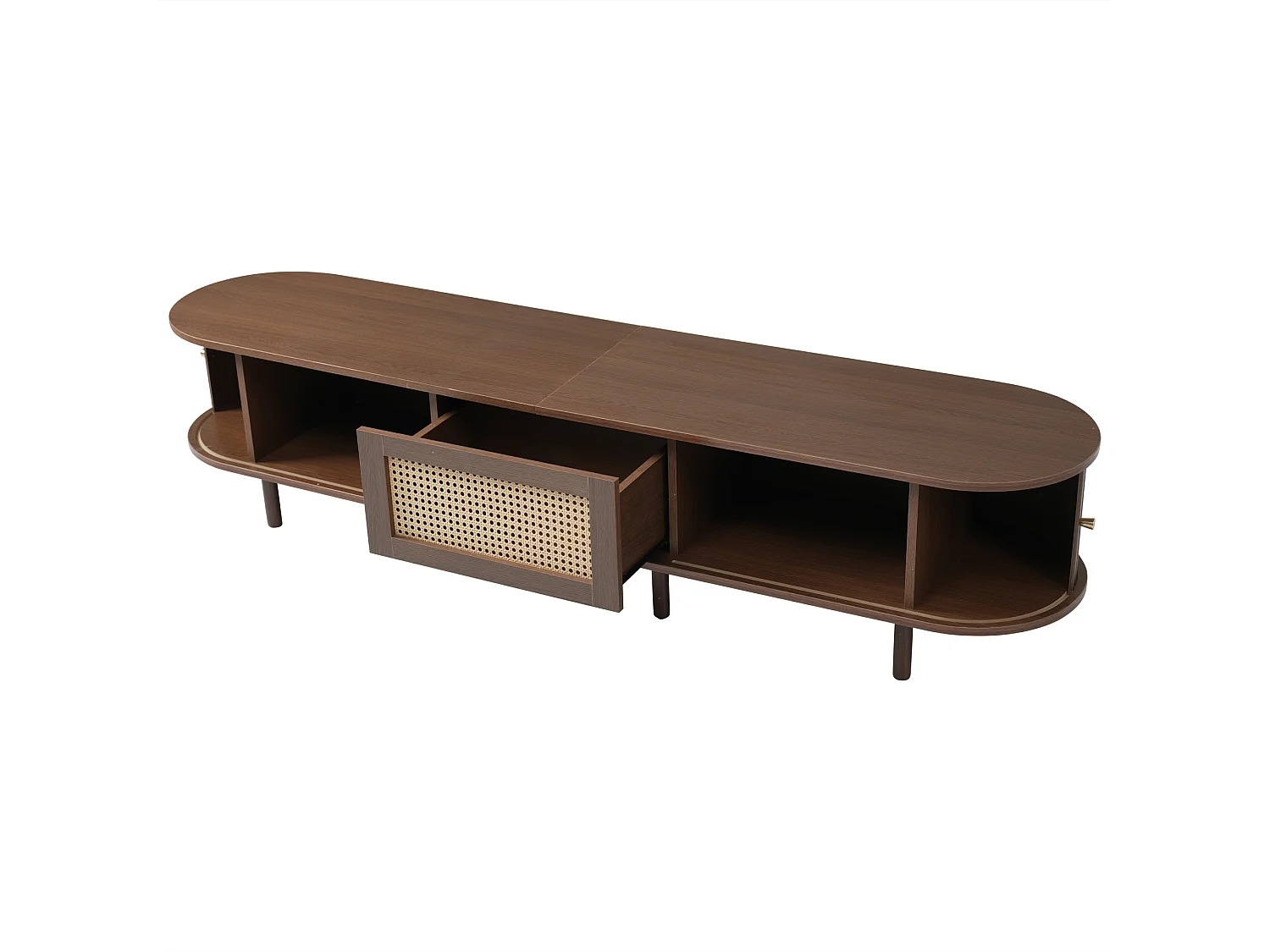 Ovaler TV-Schrank aus Walnussholz - Fernsehschrank mit 1 Schublade und 1 Schiebetür - verstellbare Füße - Rattanmöbel
