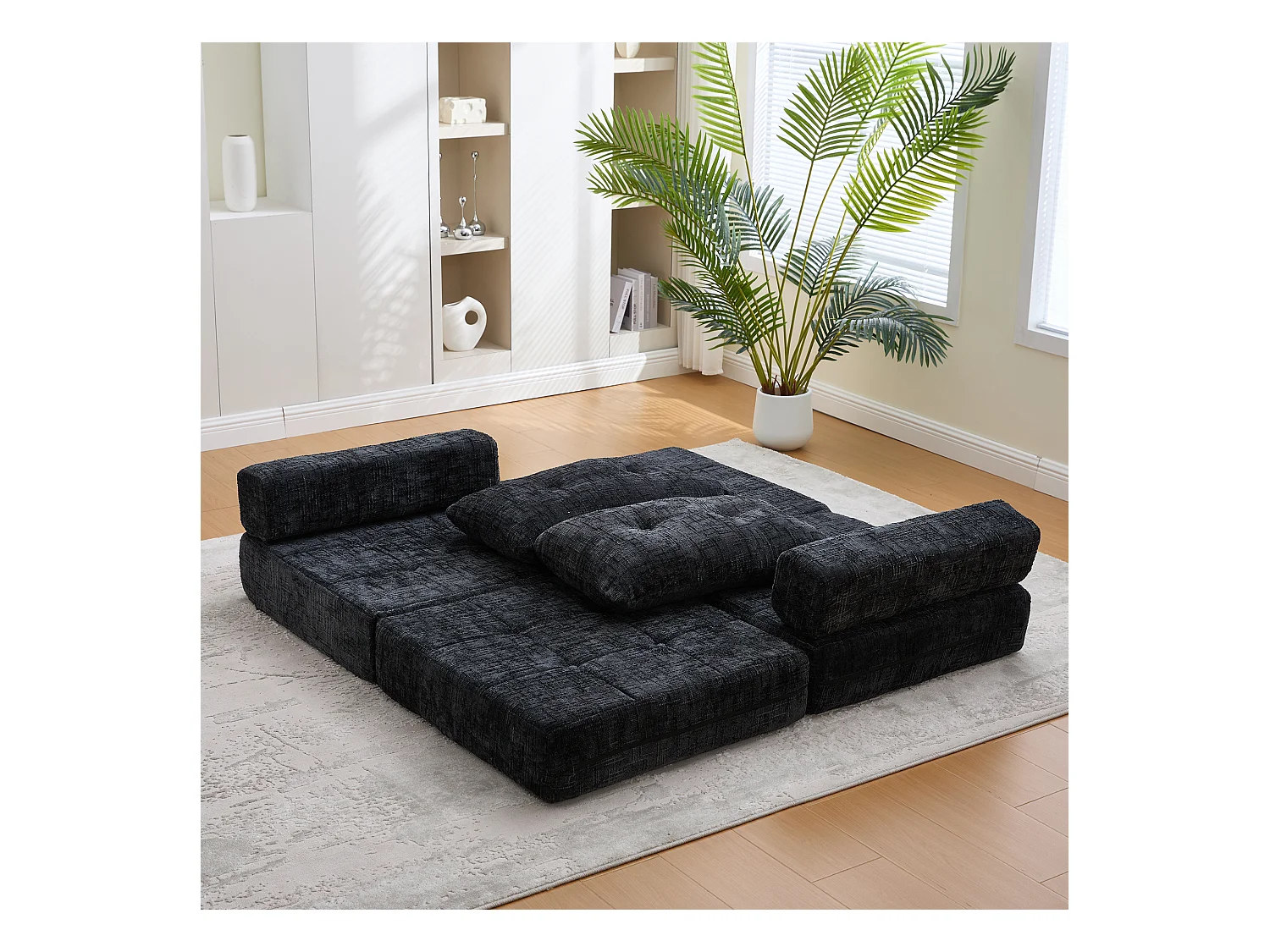 Canapé 1 place noir - Canapé pliant avec dossier et coussins - chenille