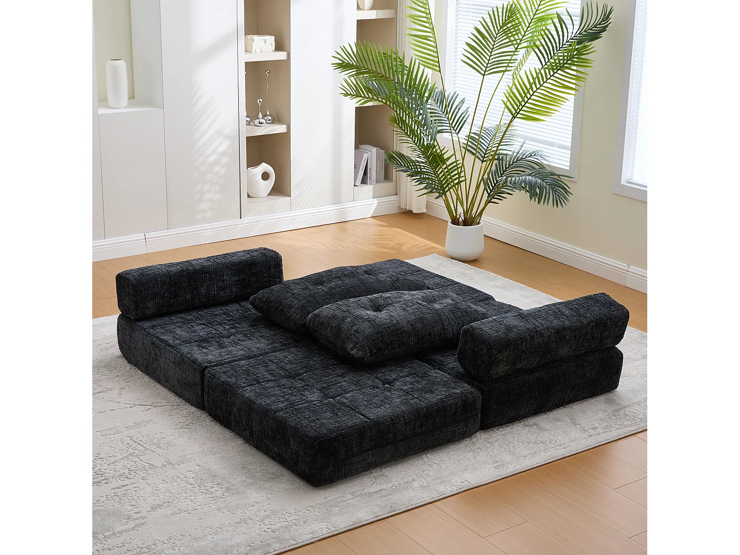 Zwarte 1-zitsbank - Opklapbare bank met rugleuning en kussens - chenille