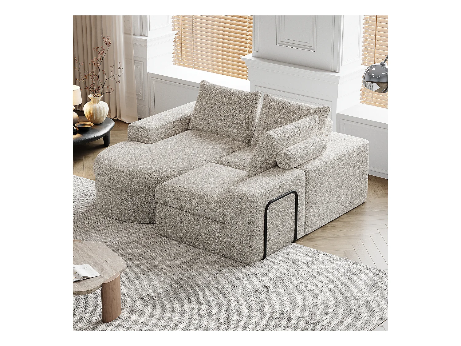 Beige hoekbank - 3-zitsbank met 3 kussens en 2 hoofdsteunen - chenille