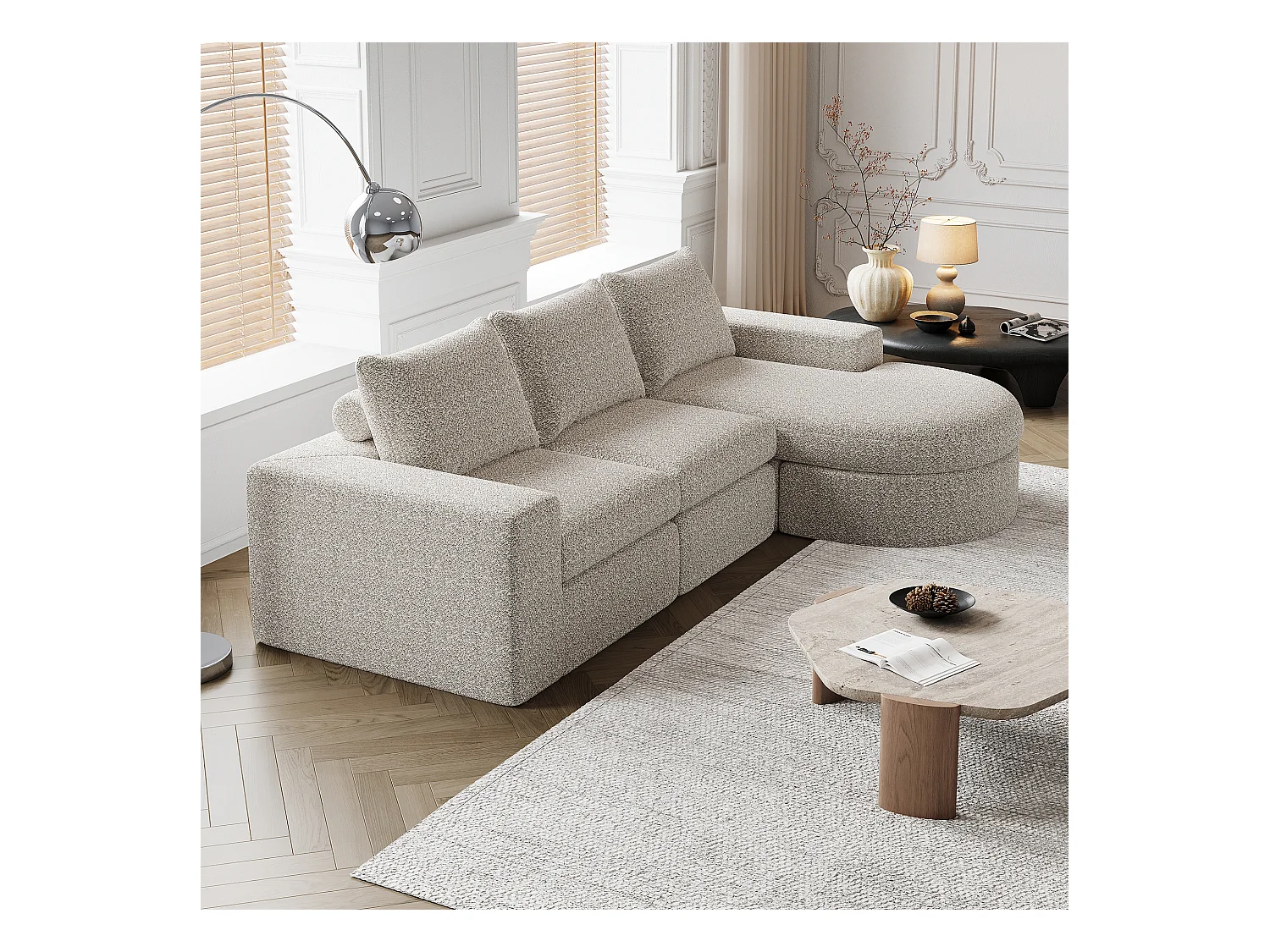 Canapé d'angle beige - Canapé 3 places avec 3 coussins et 2 appuis-têtes - chenille
