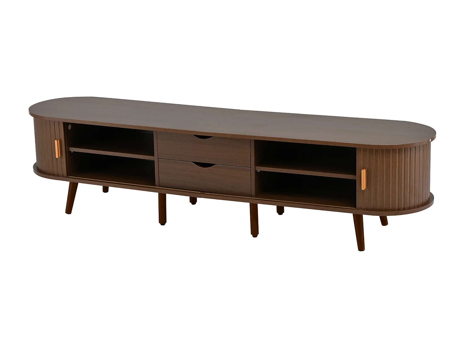Meuble TV ovale noyer - Meuble TV avec 2 tiroirs et 2 portes coulissantes - 4 pieds centraux réglables en hauteur