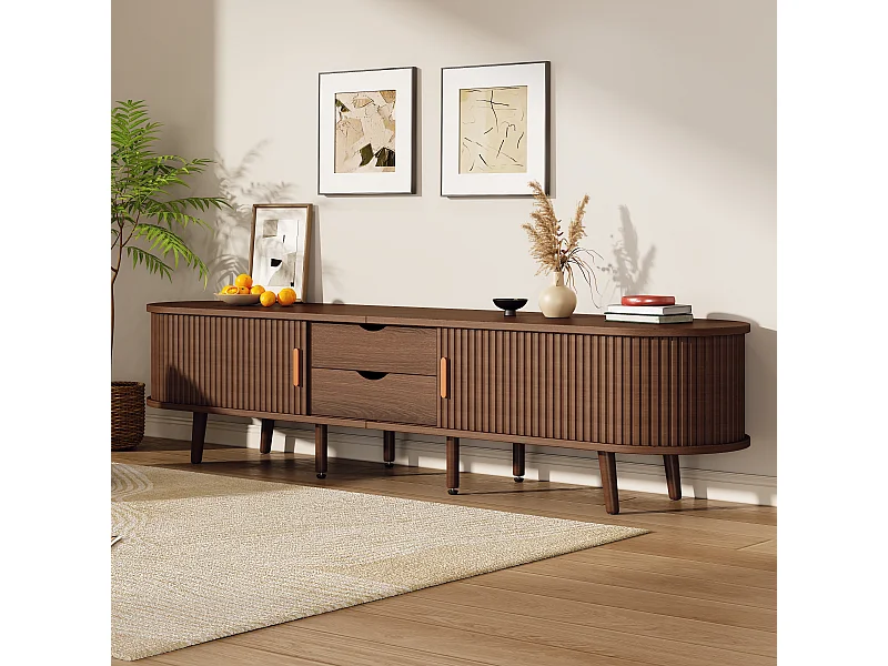 Meuble TV ovale noyer - Meuble TV avec 2 tiroirs et 2 portes coulissantes - 4 pieds centraux réglables en hauteur