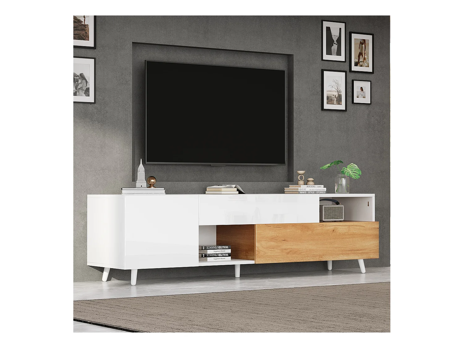 Meuble TV blanc brillant - Meuble TV avec 2 portes et 1 tiroir - 2 espaces de rangement semi-ouverts