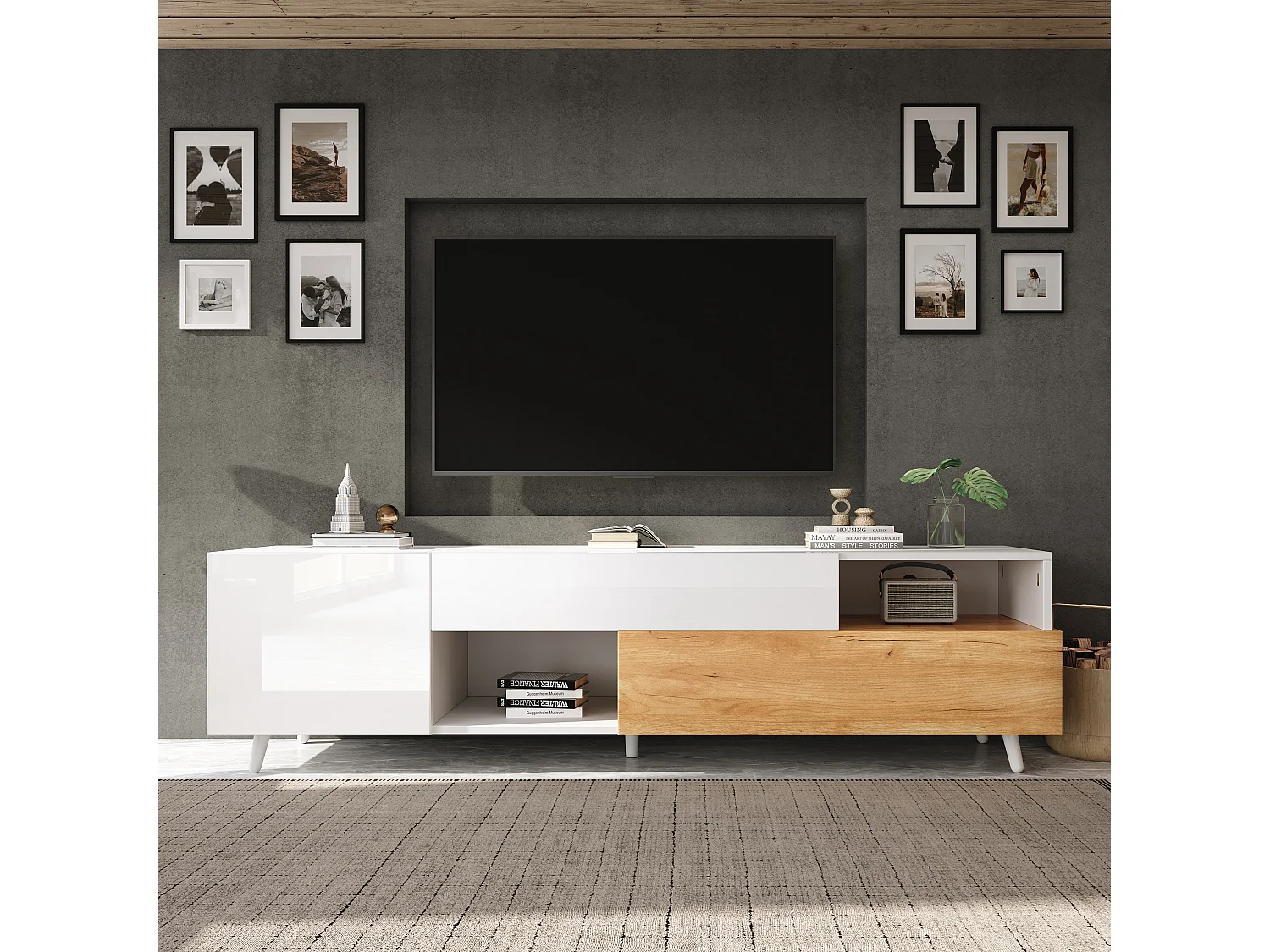 Meuble TV blanc brillant - Meuble TV avec 2 portes et 1 tiroir - 2 espaces de rangement semi-ouverts