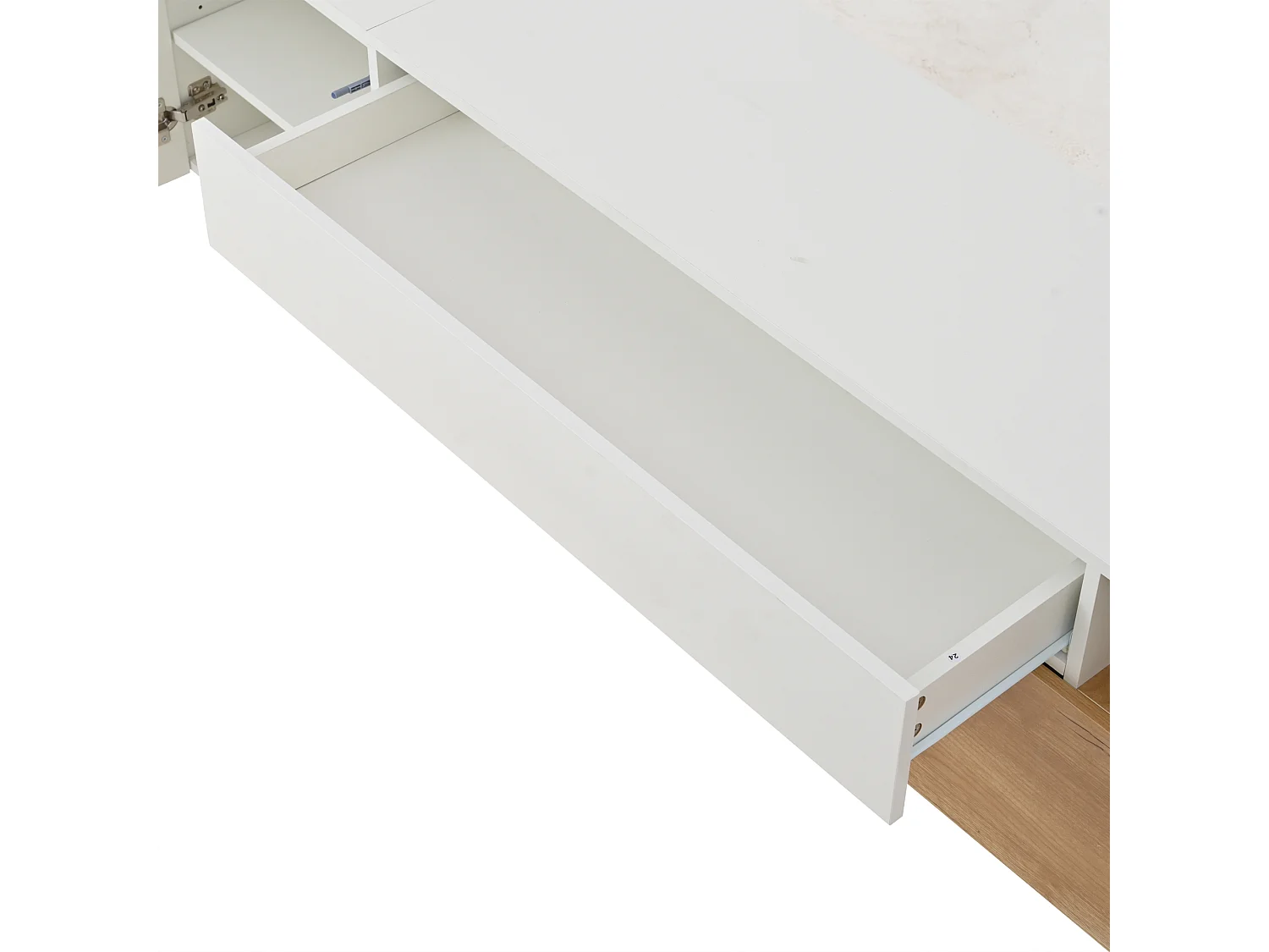 Meuble TV blanc brillant - Meuble TV avec 2 portes et 1 tiroir - 2 espaces de rangement semi-ouverts