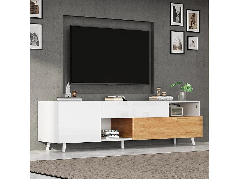 Meuble TV blanc brillant - Meuble TV avec 2 portes et 1 tiroir - 2 espaces de rangement semi-ouverts