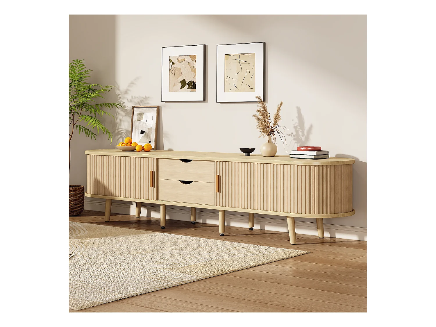 Meuble TV ovale en bois clair - Meuble TV avec 2 tiroirs et 2 portes coulissantes - 4 pieds centraux réglables en hauteur