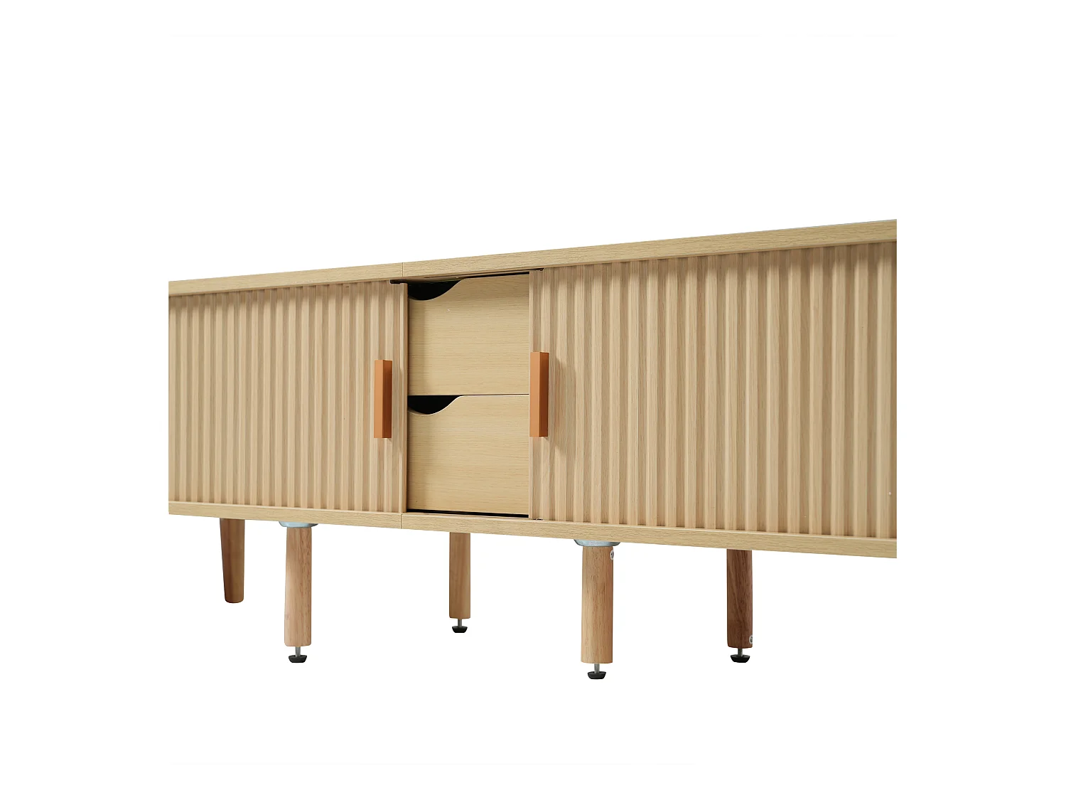 Meuble TV ovale en bois clair - Meuble TV avec 2 tiroirs et 2 portes coulissantes - 4 pieds centraux réglables en hauteur