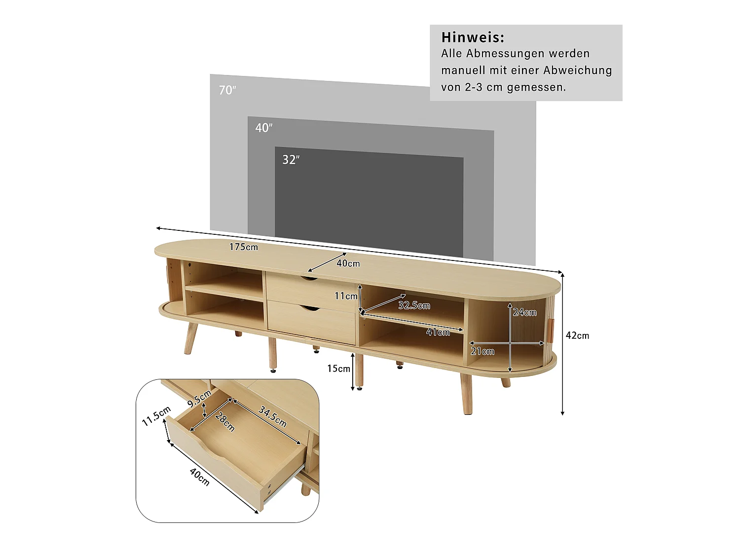 Meuble TV ovale en bois clair - Meuble TV avec 2 tiroirs et 2 portes coulissantes - 4 pieds centraux réglables en hauteur