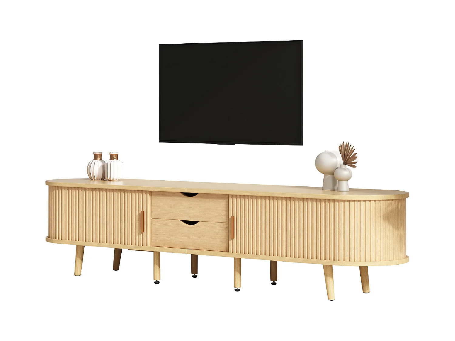 Meuble TV ovale en bois clair - Meuble TV avec 2 tiroirs et 2 portes coulissantes - 4 pieds centraux réglables en hauteur