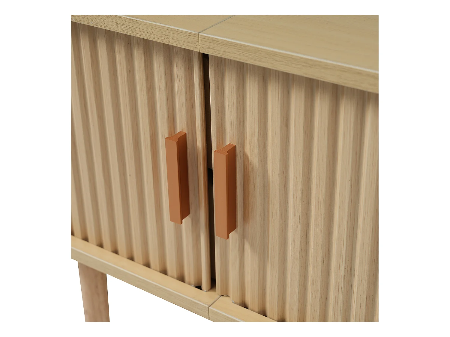 Meuble TV ovale en bois clair - Meuble TV avec 2 tiroirs et 2 portes coulissantes - 4 pieds centraux réglables en hauteur