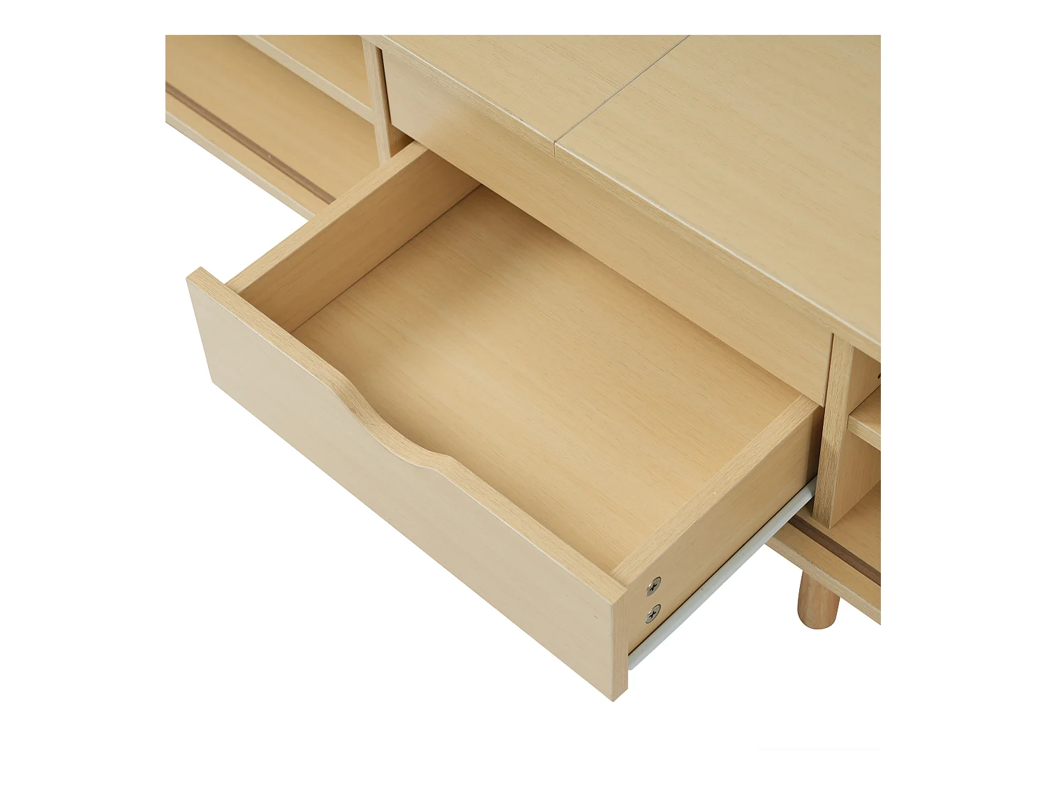 Meuble TV ovale en bois clair - Meuble TV avec 2 tiroirs et 2 portes coulissantes - 4 pieds centraux réglables en hauteur