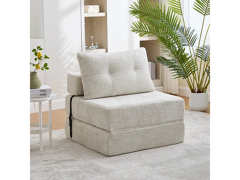 Divano 1 posto beige - Divano pieghevole con schienale e cuscini - ciniglia