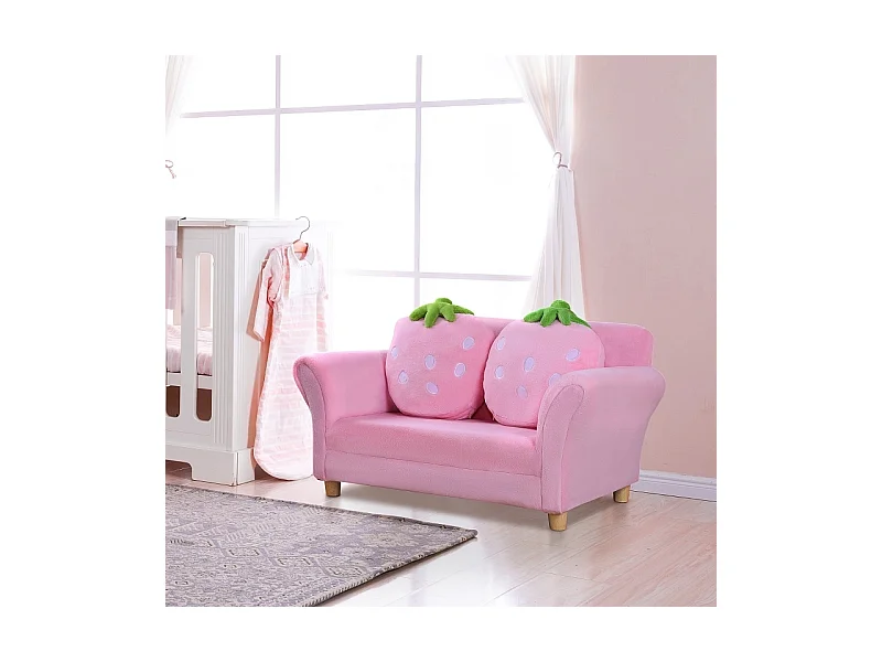 Canapé 2 places rose - Canapé enfant avec 2 coussins et accoudoirs motif fraise