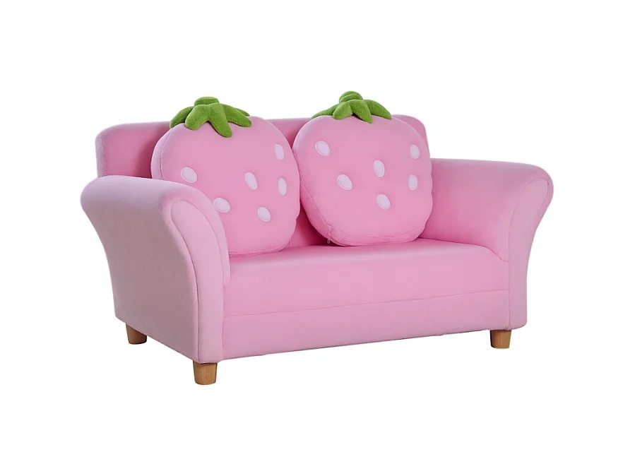 Canapé 2 places rose - Canapé enfant avec 2 coussins et accoudoirs motif fraise
