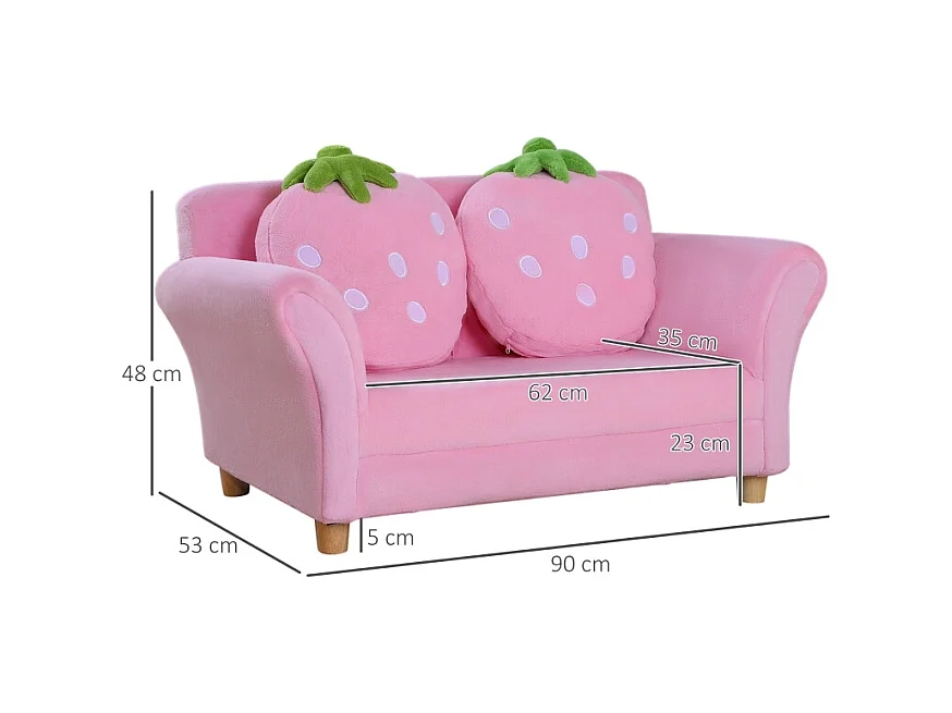 Canapé 2 places rose - Canapé enfant avec 2 coussins et accoudoirs motif fraise