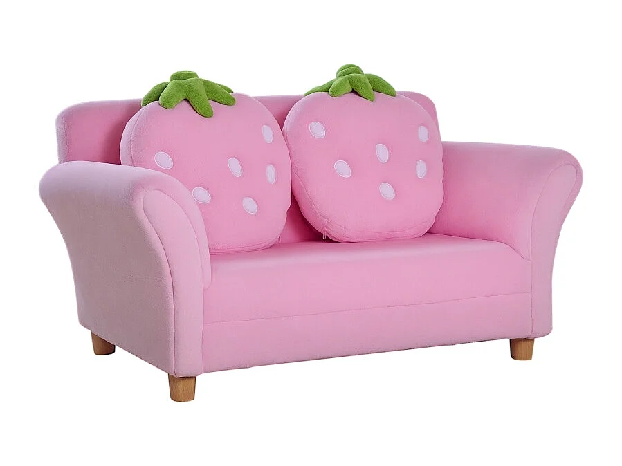 Canapé 2 places rose - Canapé enfant avec 2 coussins et accoudoirs motif fraise